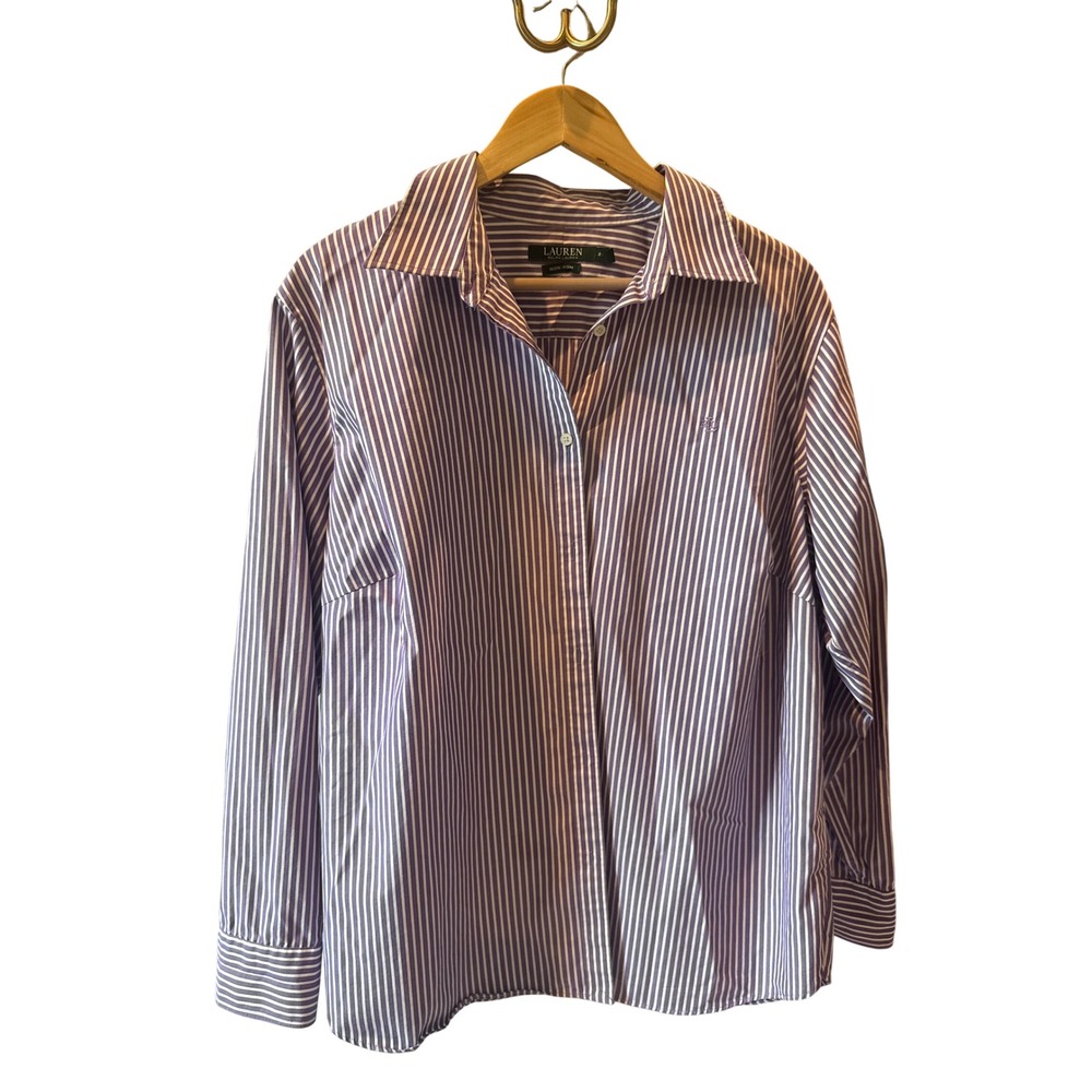 Lauren Ralph Lauren Women's 2X Purple White Striped Non Iron Shirt Luxury